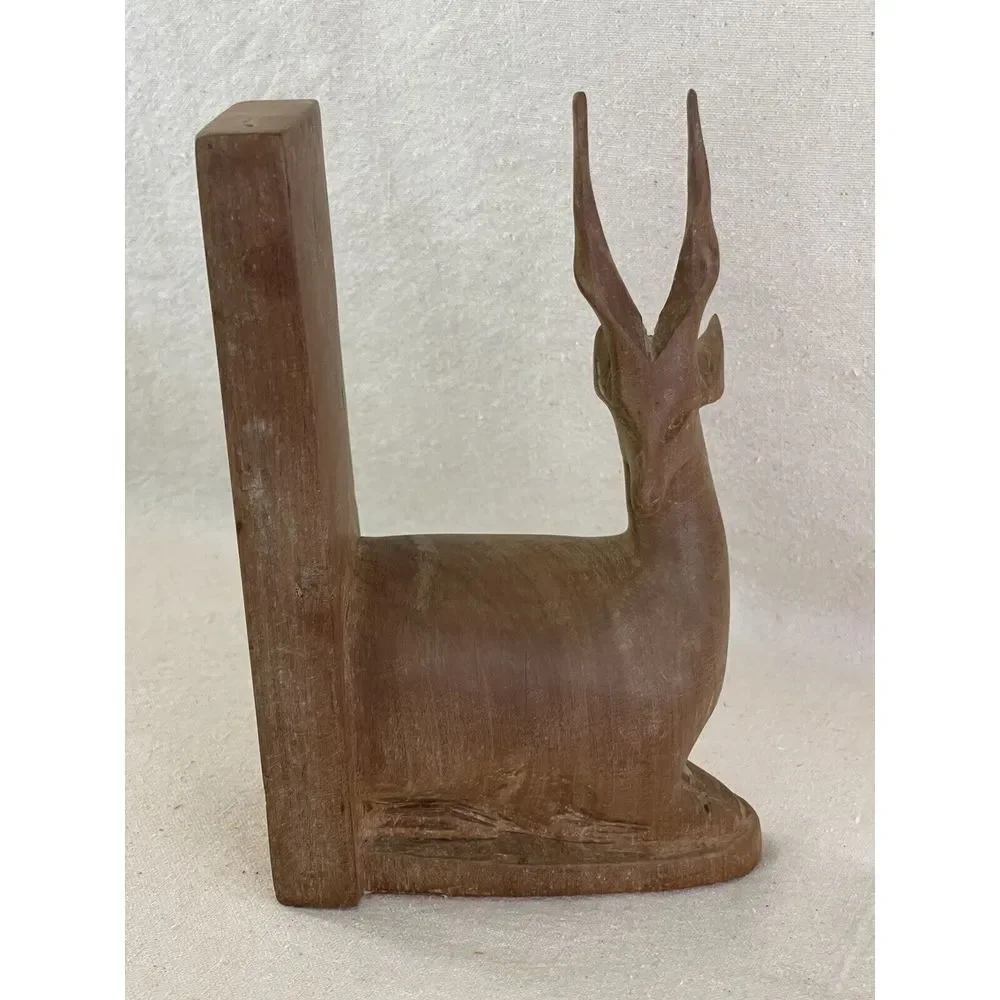 Mid-Century Decor Wood Deer Bookend (1) Hand Carved Antelope Gazelle Heavy Solid